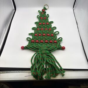 Vintage Macrame Christmas Tree Wall Hanging Boho 1970’s Green w/ Red Beads